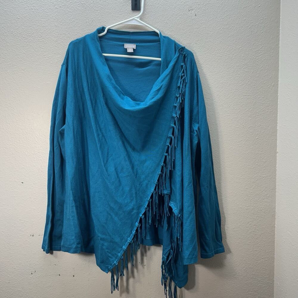 Chico's Ariana Convertible Fringe Blue Knit Long Sleeves Cardigan Sweater 3 / XL